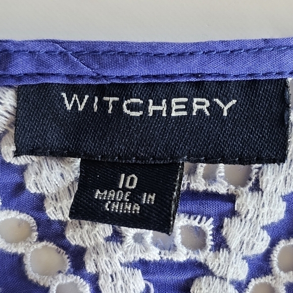 Witchery Silk Puff Sleeve Eyelet Purple Blue Top Size 10 - Picture 7 of 14
